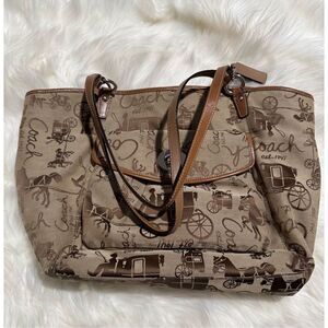 Coach Leah horse & buggy carriage print brown fabric leather straps shoulder bag